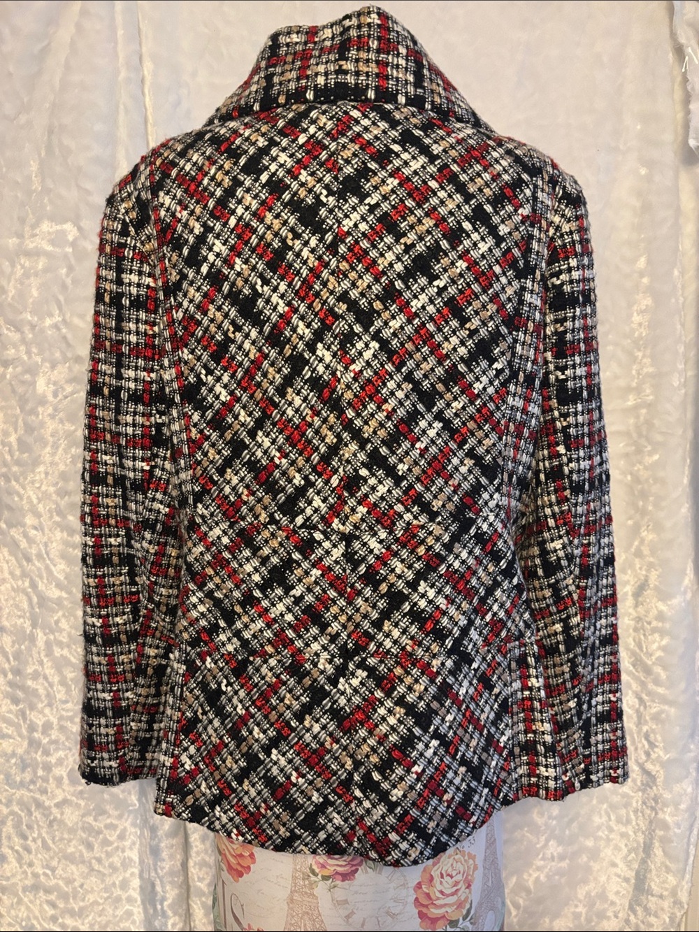 Chico's Black, White & Red Plaid Tweed Pea Coat - Picture 2 of 6